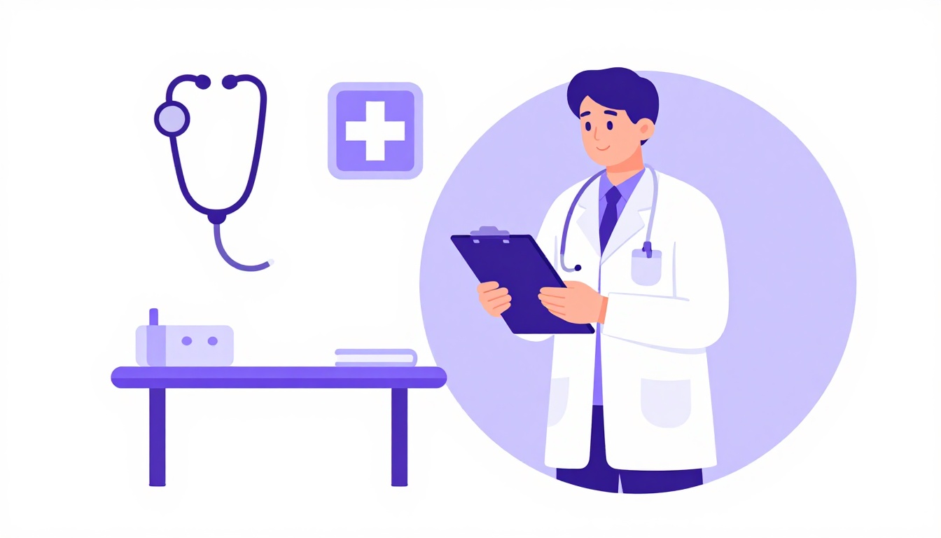 Médica de jaleco branco examinando uma prancheta ao lado de instrumentos hospitalares simples, representando as profissões da área da saúde em inglês