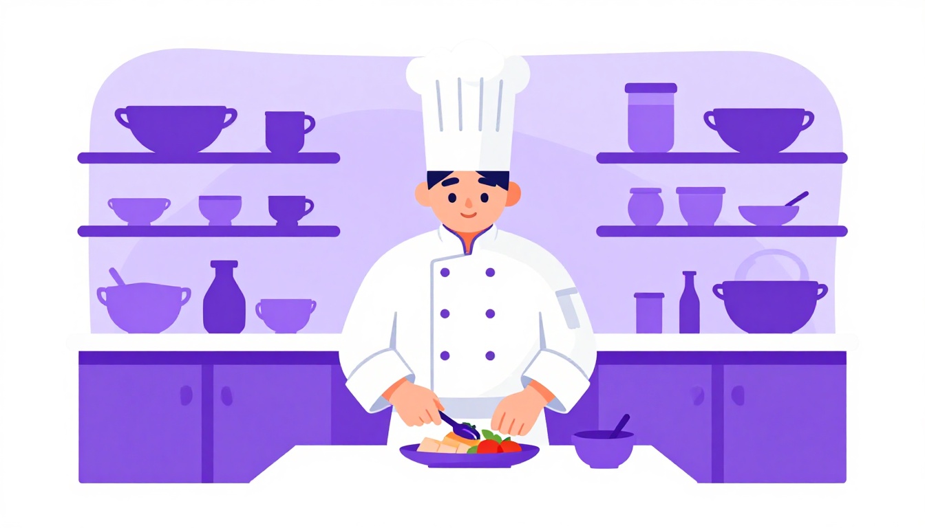 Chef com touca branca organizando pratos em uma cozinha profissional, representando as profissões de gastronomia e hotelaria em inglês