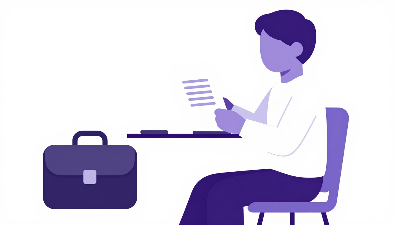 Pessoa sentada em uma entrevista de emprego com currículo em mãos sobre uma mesa simples, representando o vocabulário de currículo e entrevista em inglês
