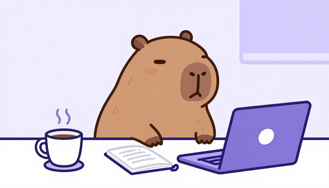 capivara marrom sorridente ao lado de um caderno aberto e uma xícara de café sobre a mesa