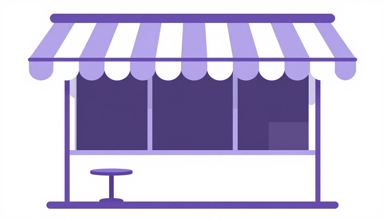 Fachada de uma cafeteria minimalista com toldo listrado roxo e branco e uma mesinha redonda na calçada