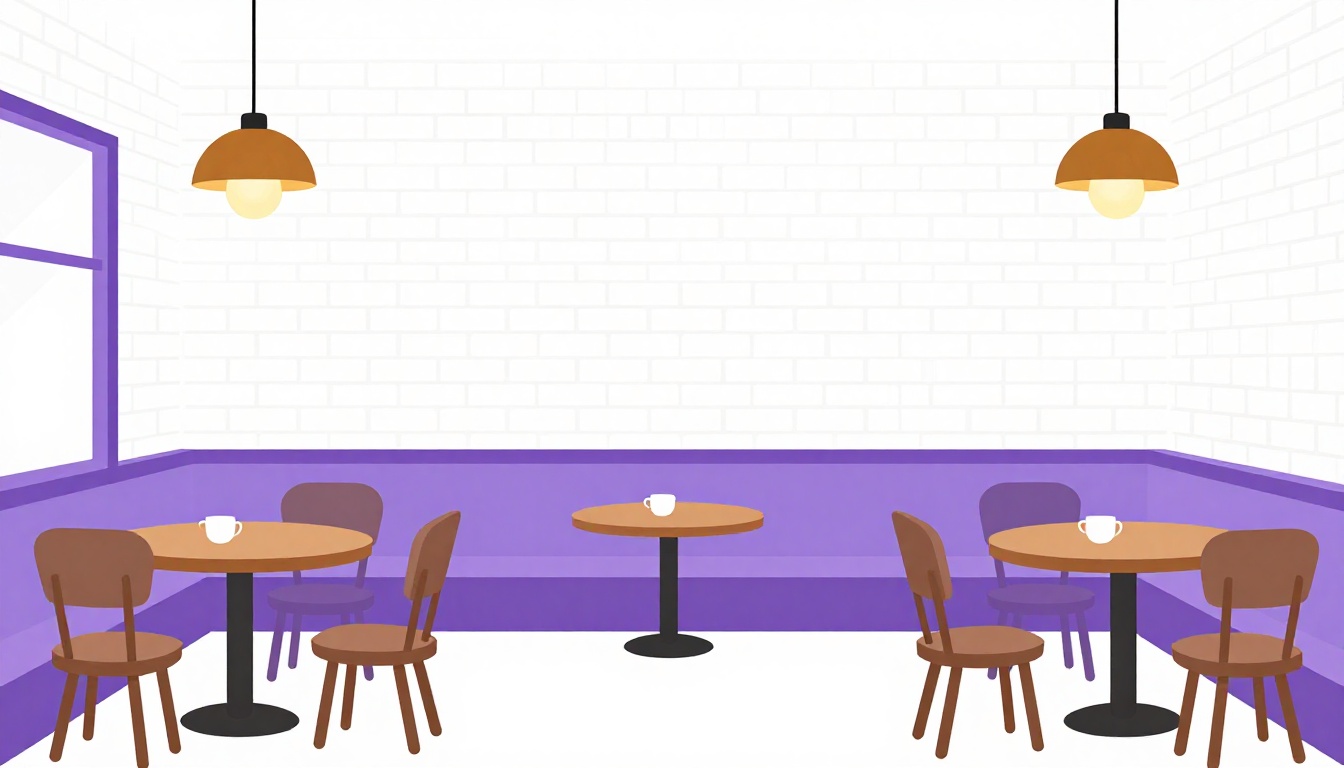Interior de cafeteria em estilo vintage elegante, com mesas de madeira, luminárias pendentes e parede de tijolo aparente