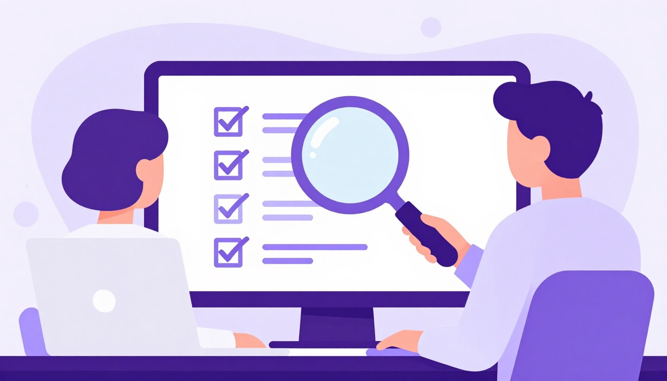 Pessoa pesquisando em um laptop com ícone de lupa e checklist, verificando a disponibilidade de um nome