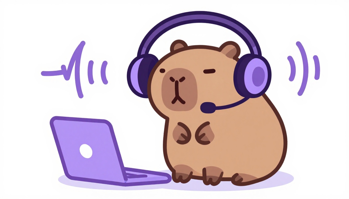 Capy, o capivara da Comigo, usando fones de ouvido com microfone em frente a um laptop, representando uma conversa de voz