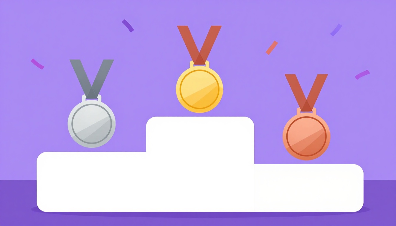 Pódio com medalhas de ouro, prata e bronze para o primeiro, segundo e terceiro lugar, ilustrando os ordinais em inglês first, second e third