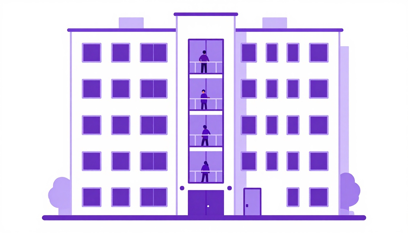 Corte de um prédio com cinco andares e um elevador de vidro, ilustrando os ordinais usados para andares em inglês