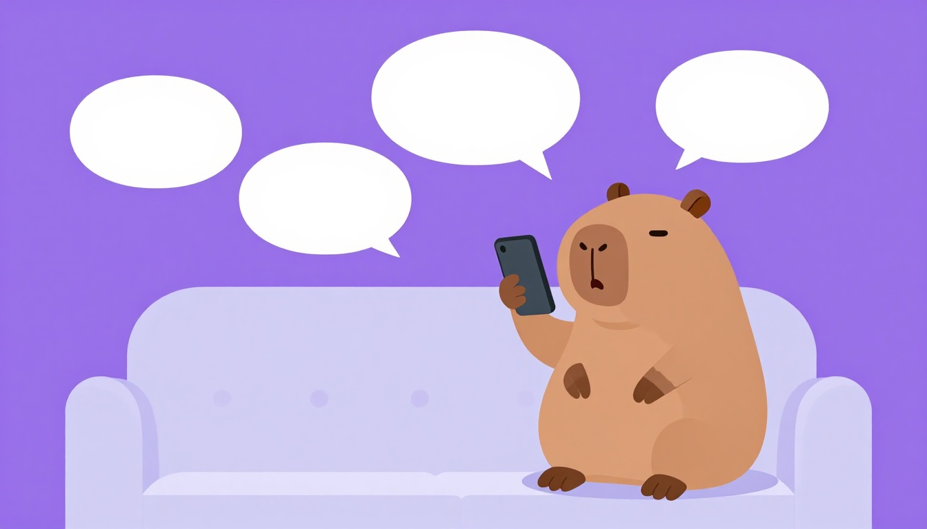 Capivara sentada no sofá falando ao celular com balões de fala vazios, ilustrando o treino dos ordinais em voz alta