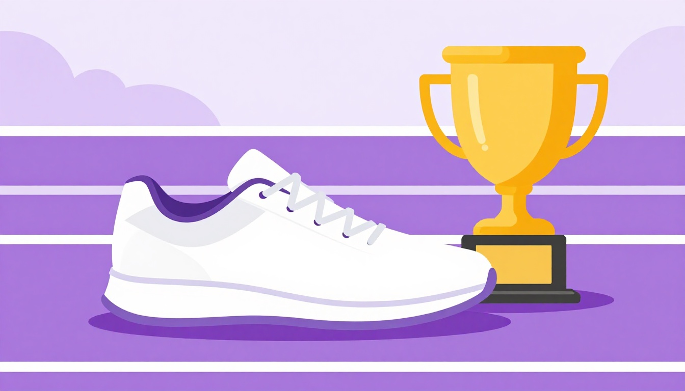 Um tênis de corrida ao lado de um troféu dourado em uma pista de atletismo