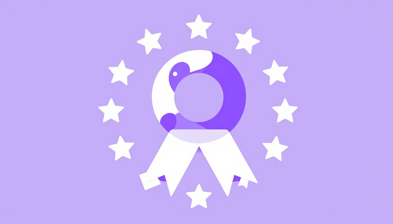 Uma fita e medalha dourada com estrelas ao redor sobre fundo roxo claro