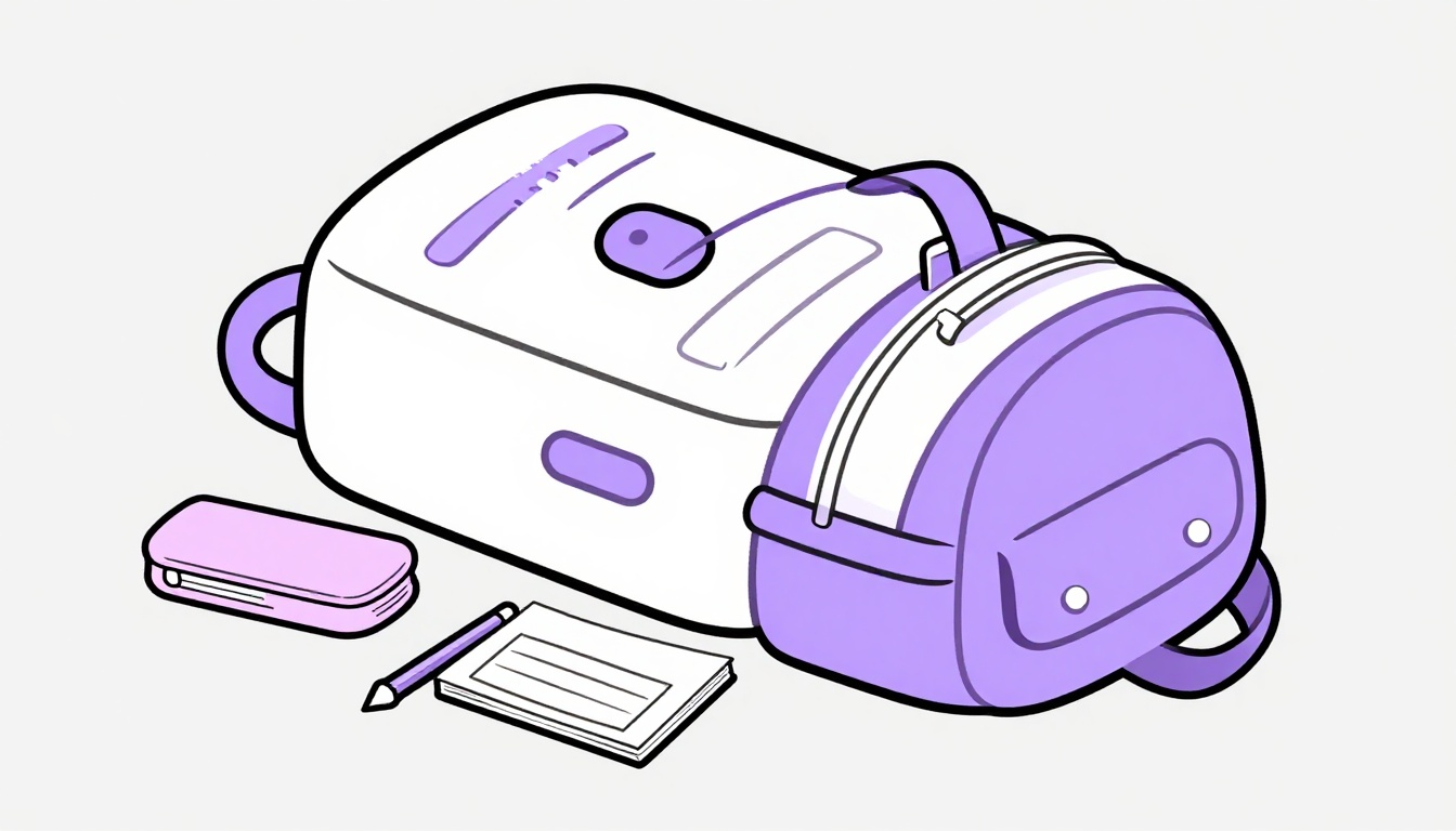 mochila escolar aberta mostrando objetos da escola em inglês como lápis, caderno e estojo