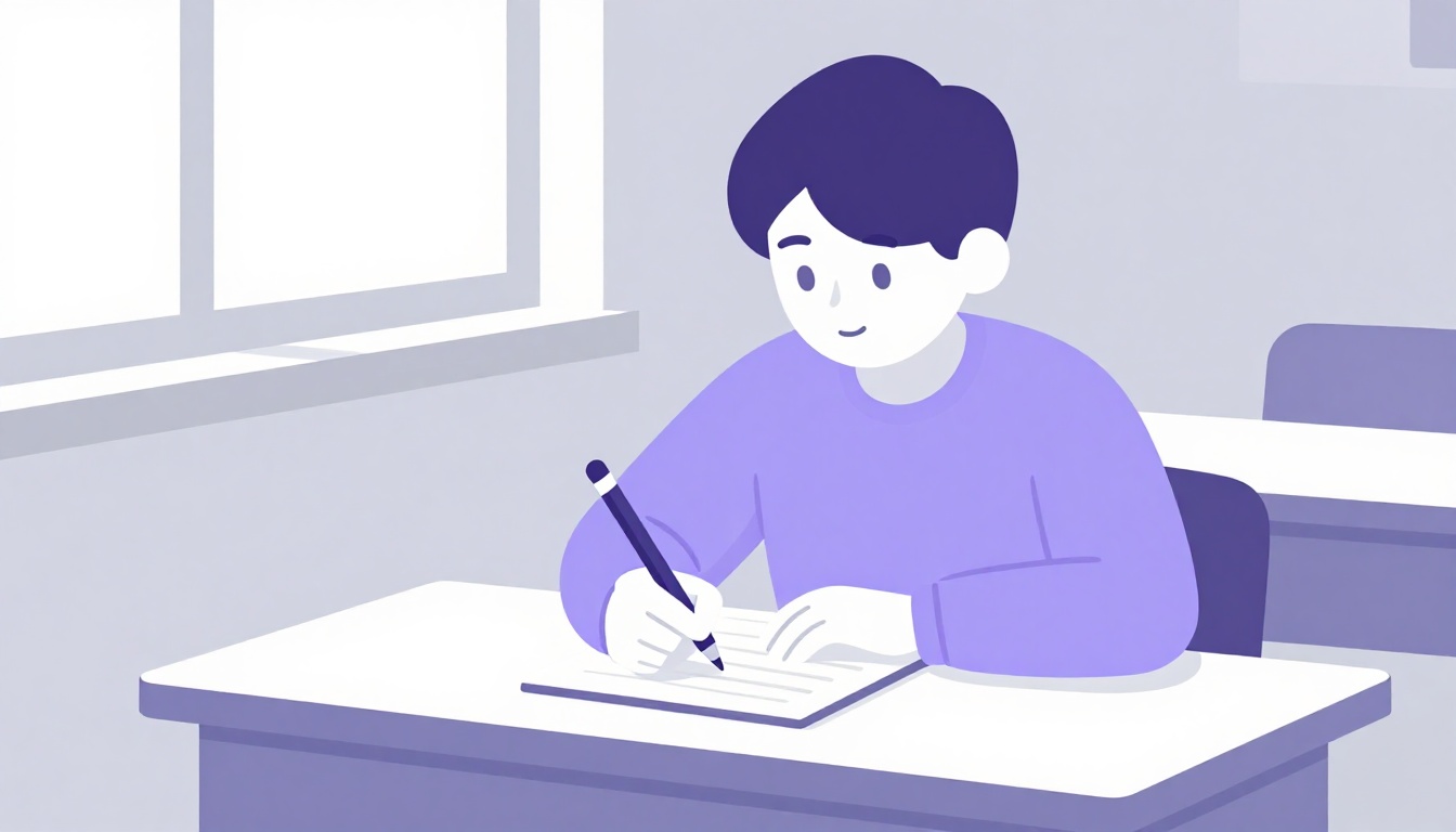 estudante escrevendo frases em um caderno escolar praticando objetos da escola em inglês