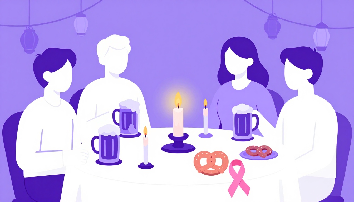 Pilgrims in procession, beer steins on a festival table, and a pink ribbon, representing Círio de Nazaré, Oktoberfest Blumenau, and Outubro Rosa