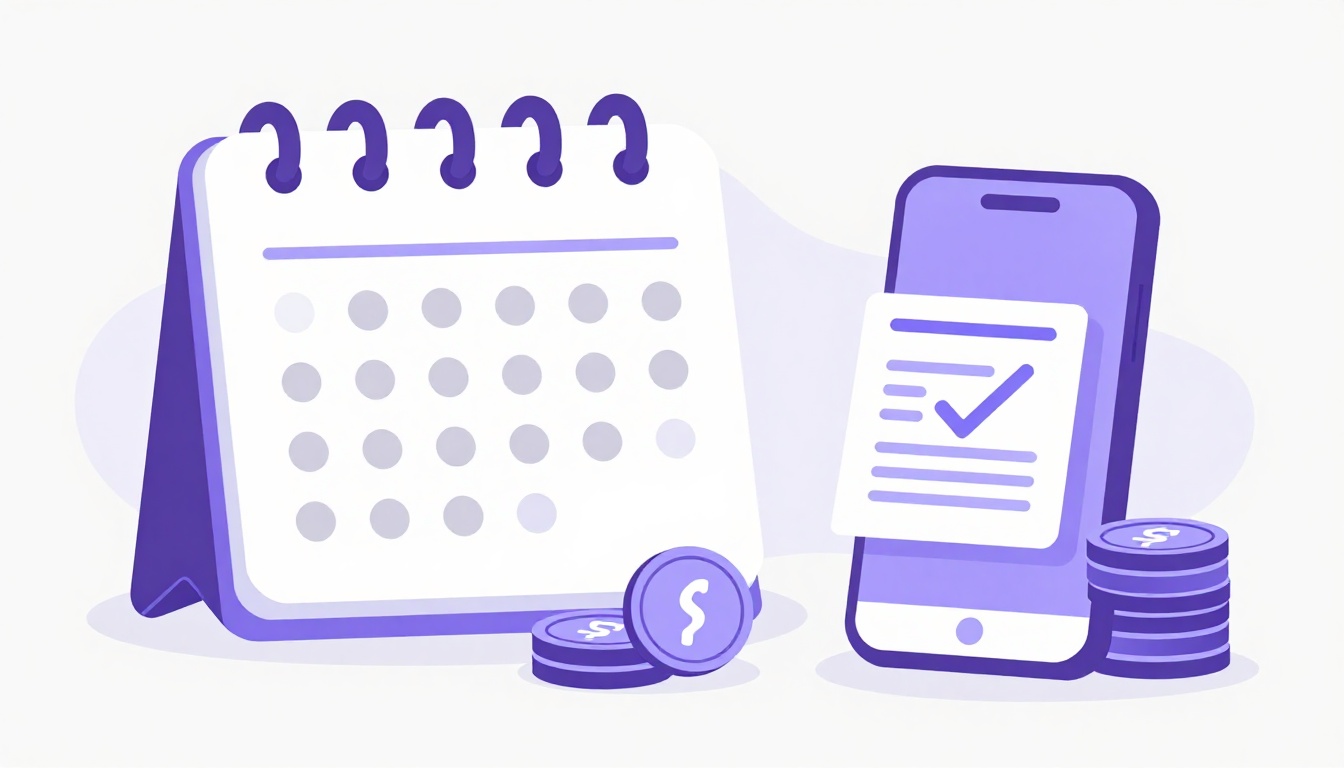 Calendário ao lado de moedas e um celular com uma marca de confirmação de pagamento, representando o preço e a cobrança recorrente do Oddi