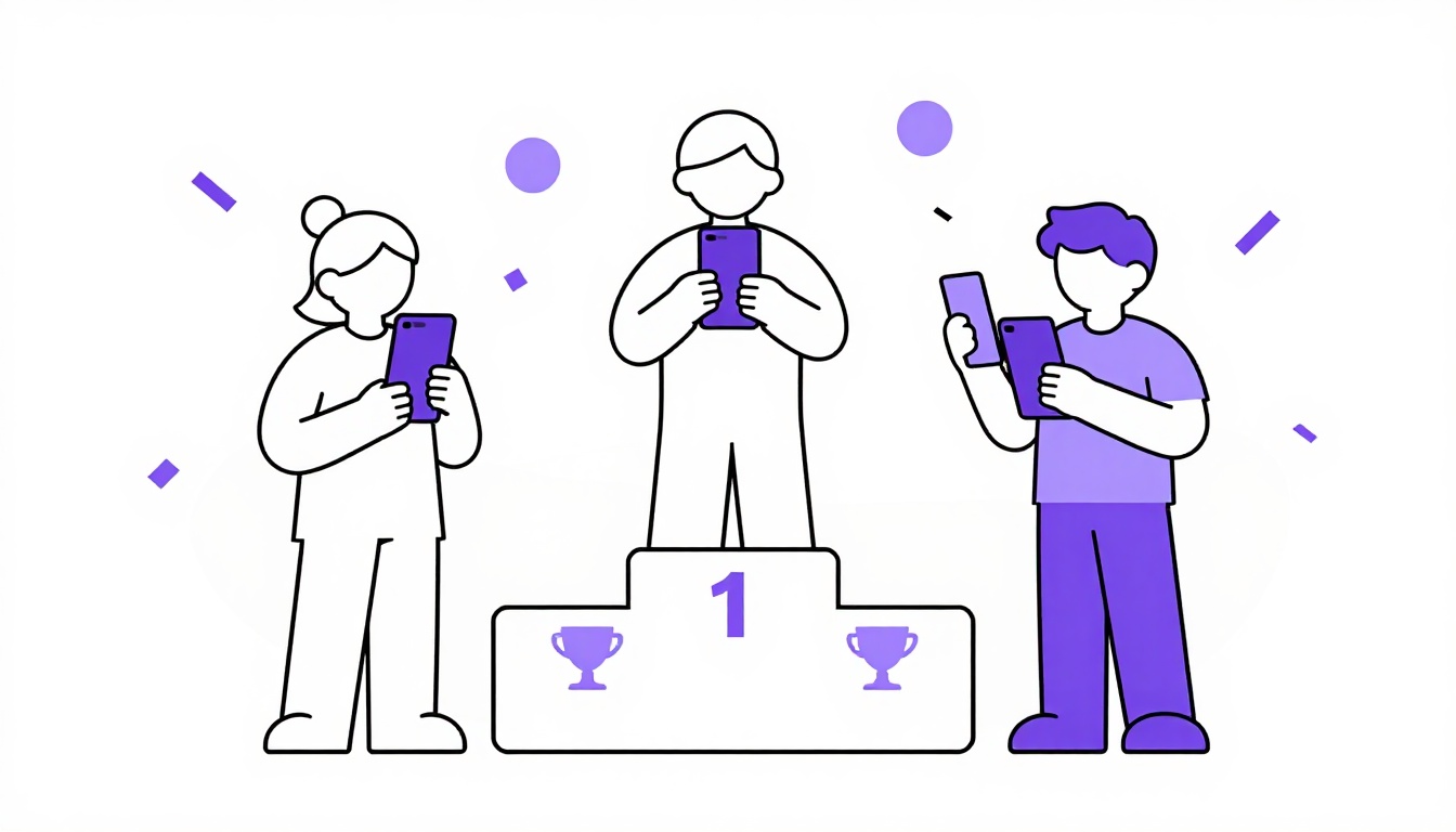 Três amigos jogando no celular ao lado de um pódio com troféus, representando a competição social do Comigo entre amigos