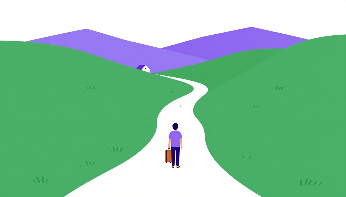 Pessoa com uma mala em pé diante de uma bifurcação de caminho entre colinas, representando a decisão entre dois apps de idioma