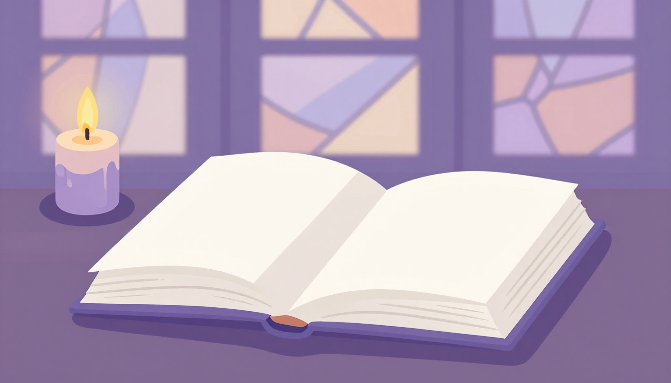 livro antigo aberto ao lado de uma vela acesa, com formas abstratas de vitral ao fundo