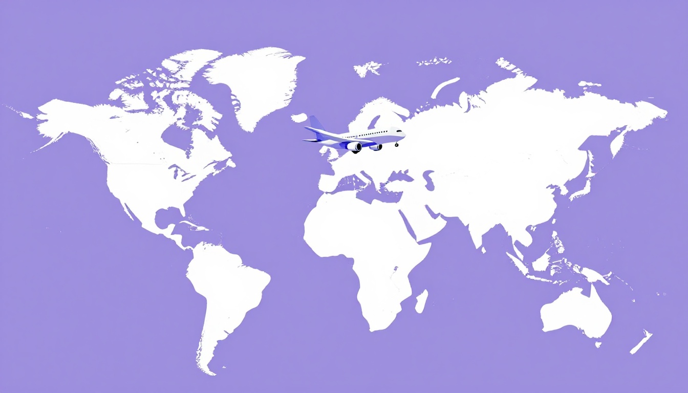 avião sobrevoando um mapa múndi em branco, representando uma viagem a um país de língua inglesa
