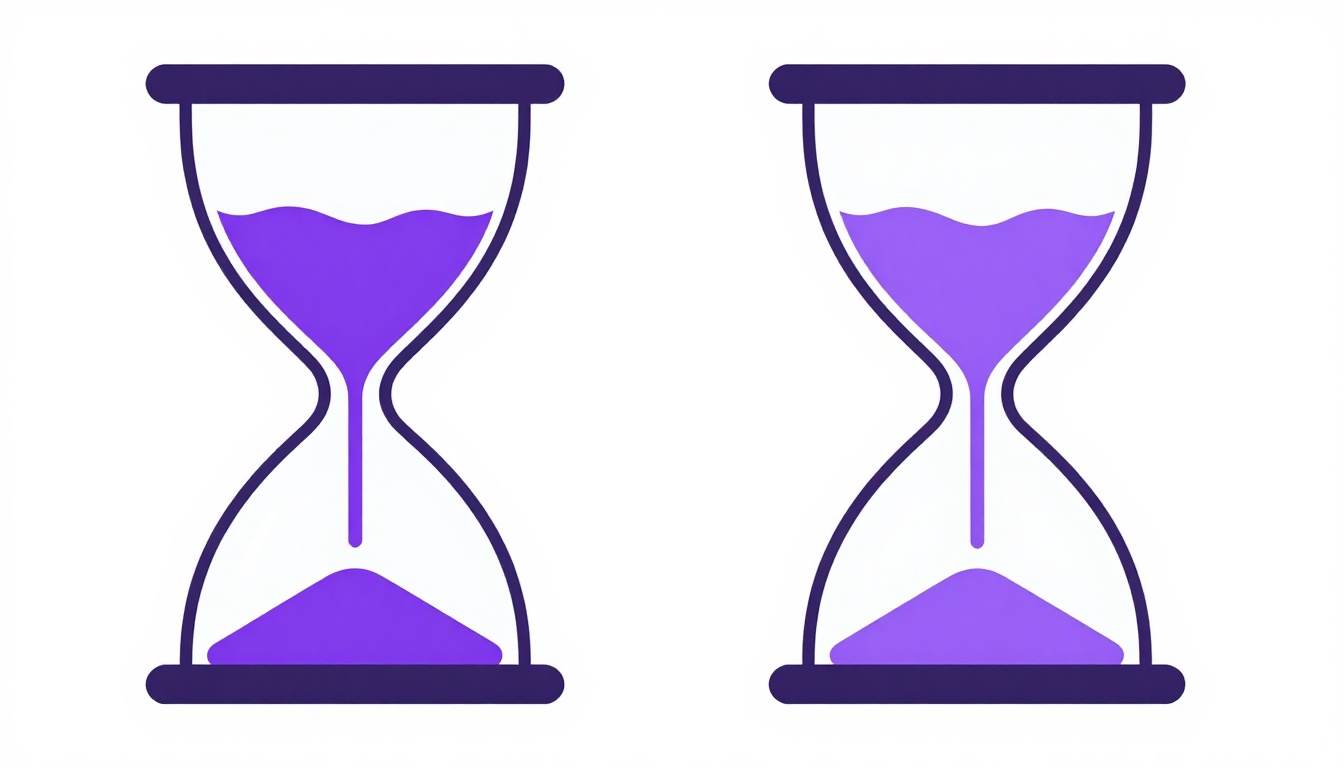 Uma ampulheta com areia passando entre duas câmaras de cores diferentes, representando dois momentos distintos no tempo