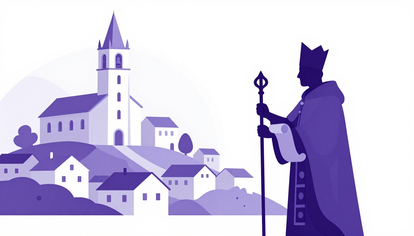 Catedral medieval com torre de sino e um bispo com cajado e pergaminho, lembrando Martinho de Braga e a origem do "feira" nos dias da semana em português