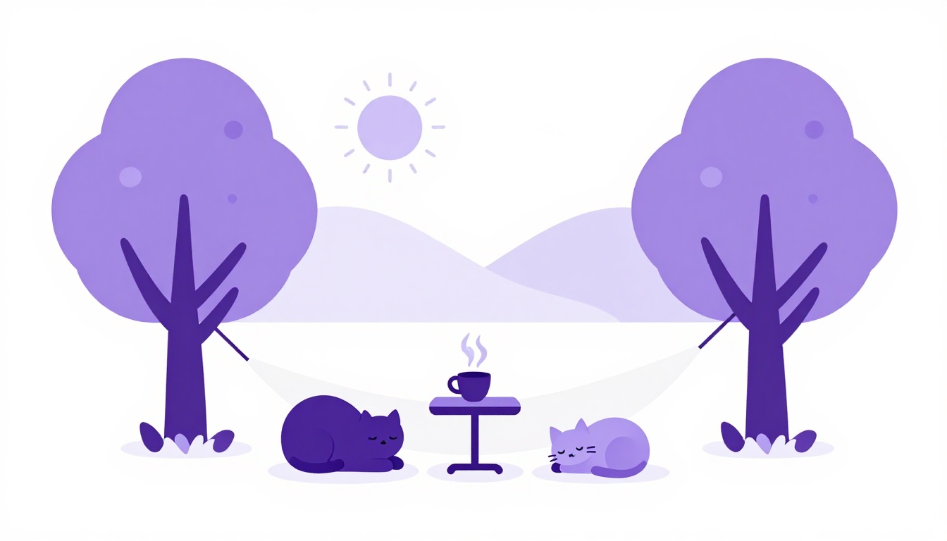 Cena de fim de semana com rede entre duas árvores, xícara de café, sol nascendo e dois gatos dormindo, ilustrando o weekend em inglês