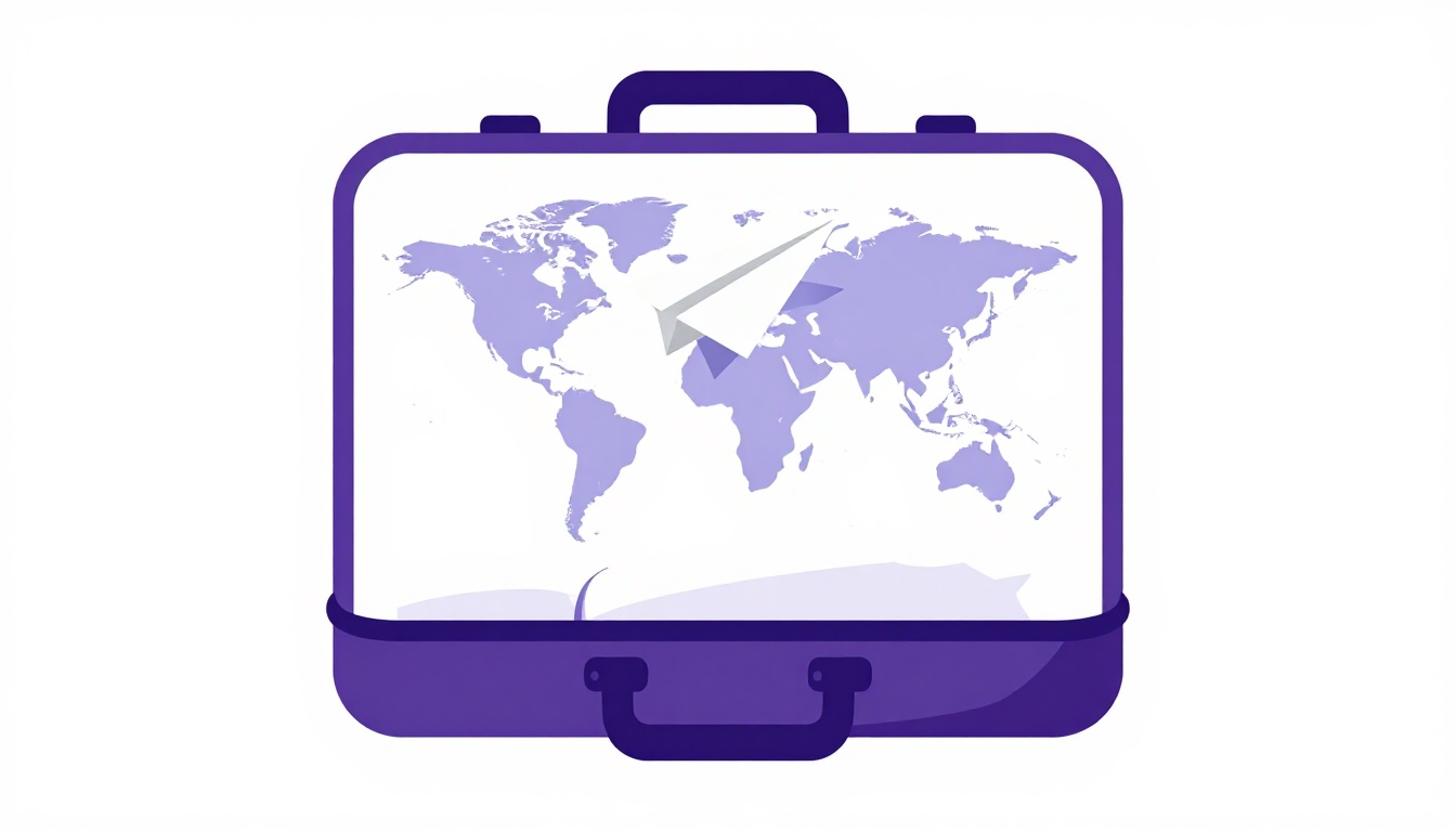 Mala de viagem aberta com passaporte e aviãozinho de papel sobre um mapa múndi dobrado