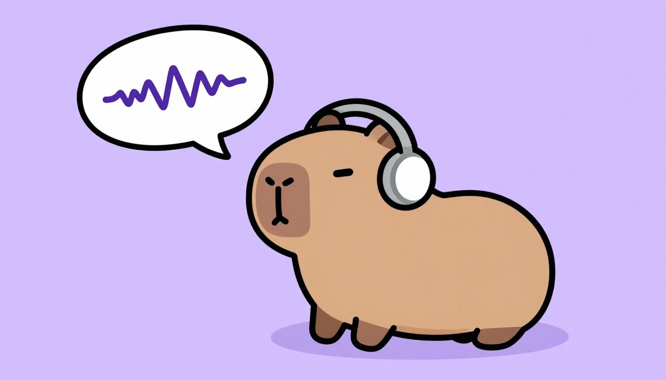 Capy o capivara usando fones de ouvido com um balão de fala representando conversa em inglês