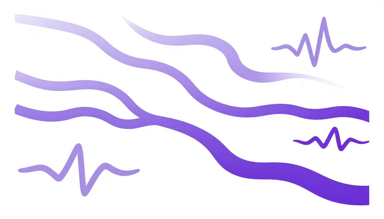 Un río de letras "ough" que se divide en varios caminos con colores distintos, cada camino llevando a un sonido diferente, estilo vector plano blanco y morado