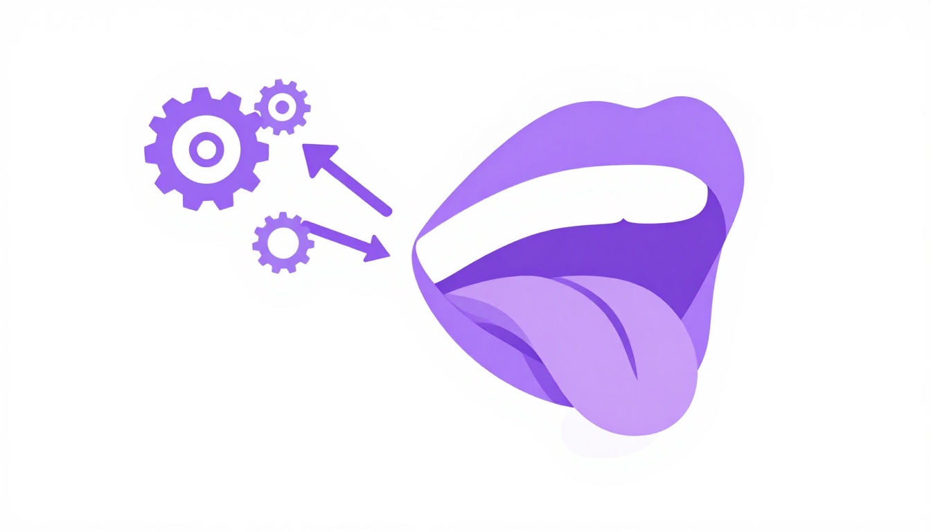 Una boca estilizada con engranajes y flechas mostrando distintos movimientos de la lengua, ilustración vectorial blanca y morada
