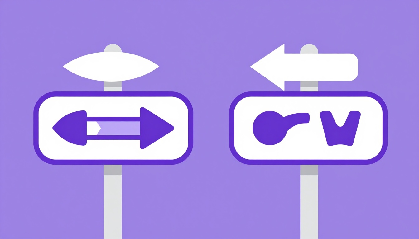 Una puerta con dos carteles distintos a cada lado, uno parecido al otro pero con símbolos diferentes, representando una palabra que engaña, estilo vector plano blanco y morado