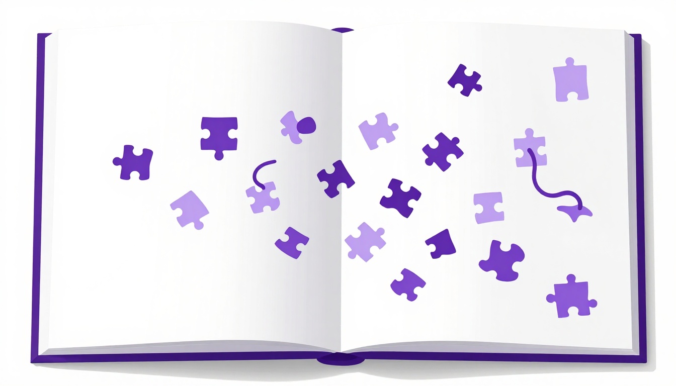 Un cuaderno abierto con letras que se mueven y reordenan solas fuera de las líneas, estilo vector plano blanco y morado
