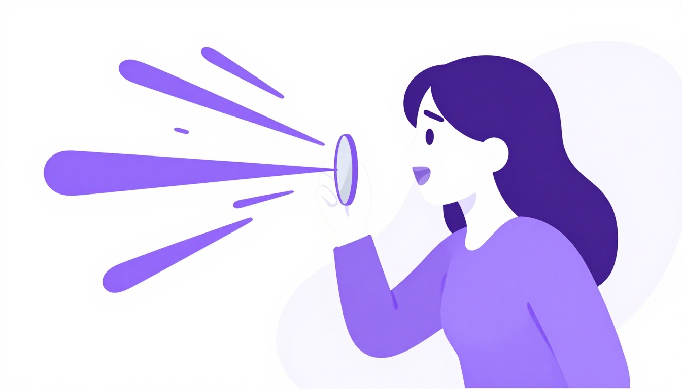 Una persona hablando frente a un espejo con ondas de sonido saliendo de su boca en color morado, estilo vector plano blanco y morado