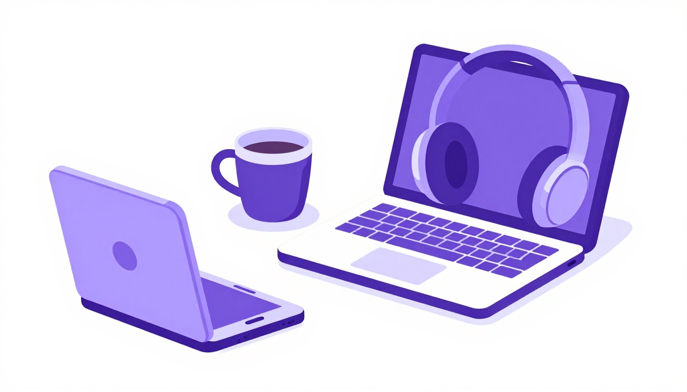 Objetos do dia a dia como notebook, fone de ouvido e xícara de café, representando palavras em inglês já usadas no português