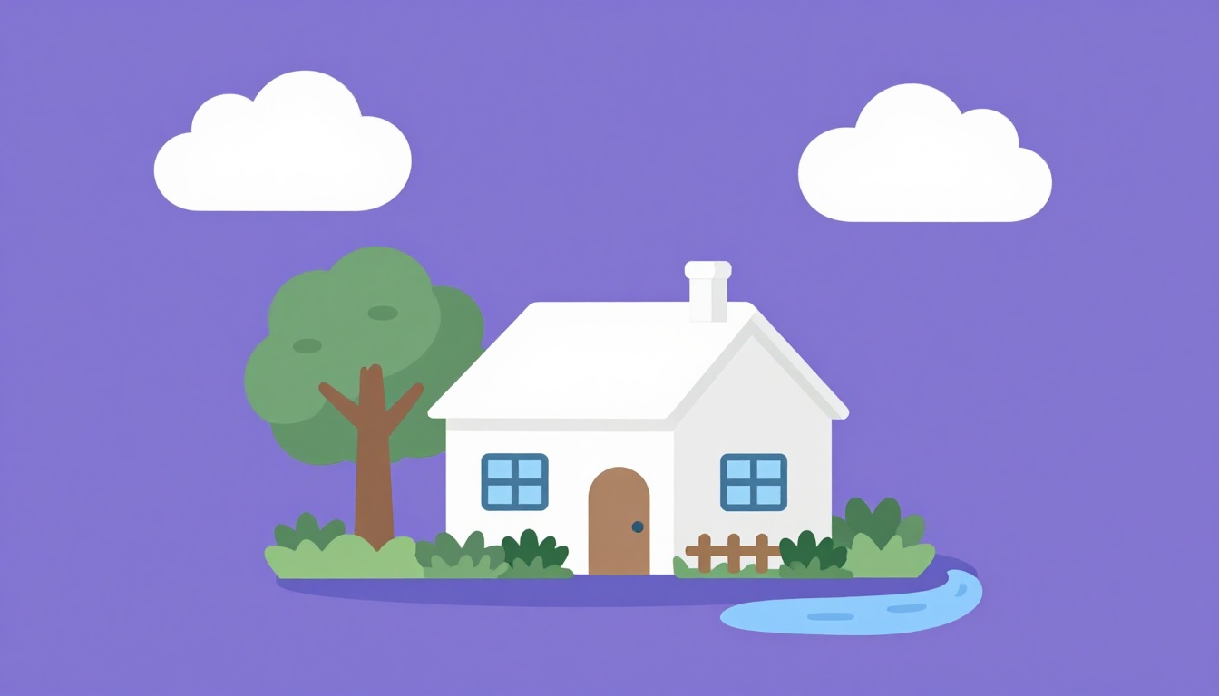 Uma casa pequena e simples cercada por uma árvore, nuvens e um riacho, ilustrando vocabulário de casa e natureza em inglês