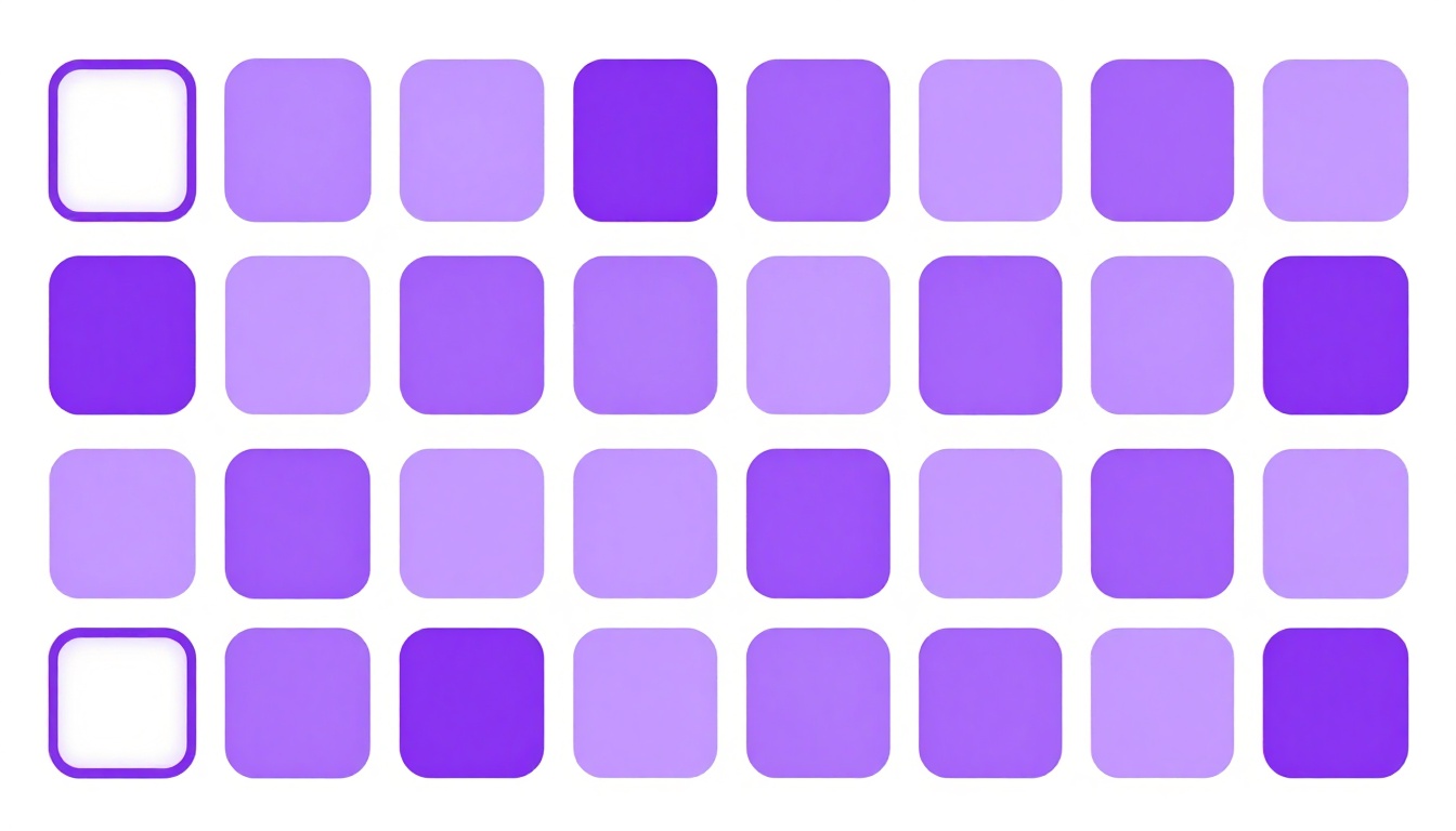 Uma grade abstrata de blocos coloridos em tons de roxo, lembrando o tabuleiro de um jogo de adivinhação de palavras