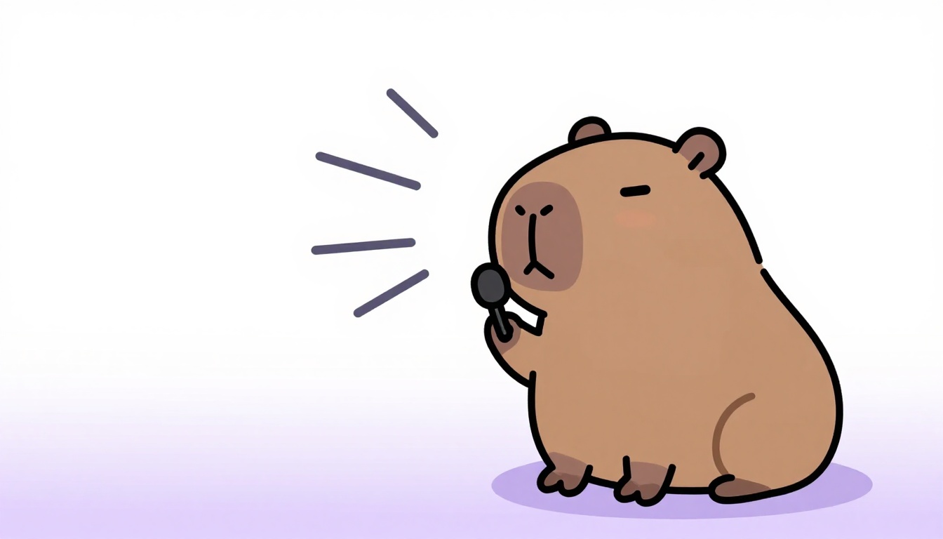 Uma capivara falando em um microfone com ondas sonoras ao redor, representando a prática de pronúncia em voz alta