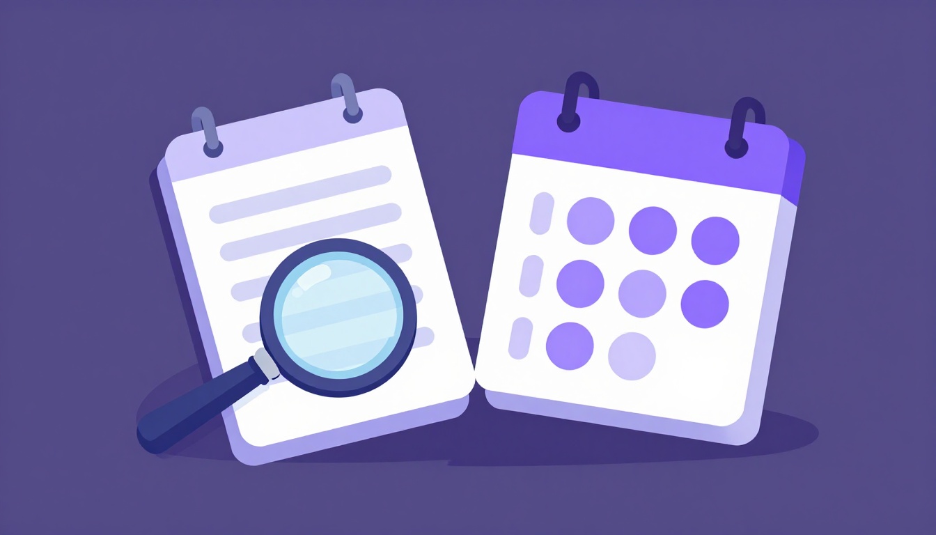 Um bloco de cartões de estudo ao lado de um calendário com datas marcadas e uma lupa, representando repetição espaçada