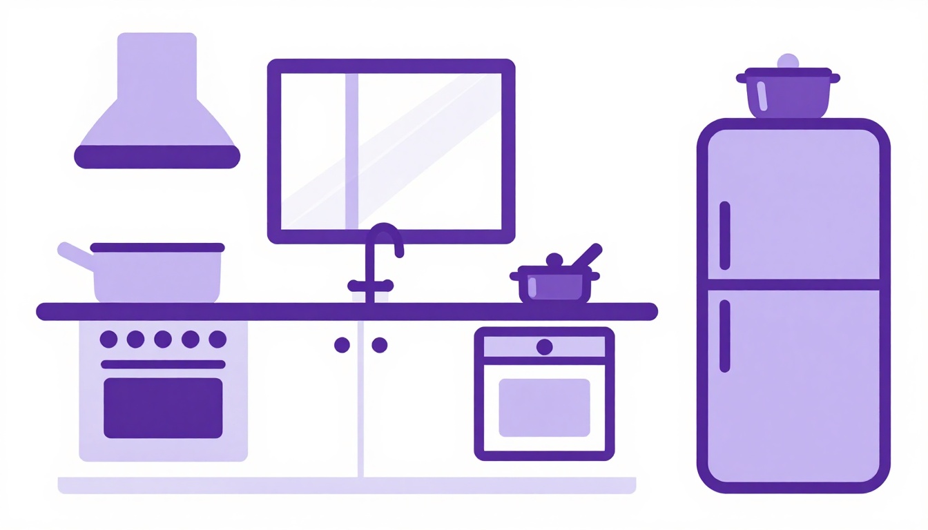 Cena de uma cozinha aconchegante ilustrando as partes da casa em inglês