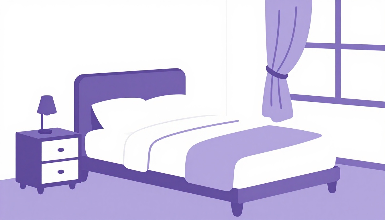 Cena de um quarto mostrando cama, móveis e objetos em inglês