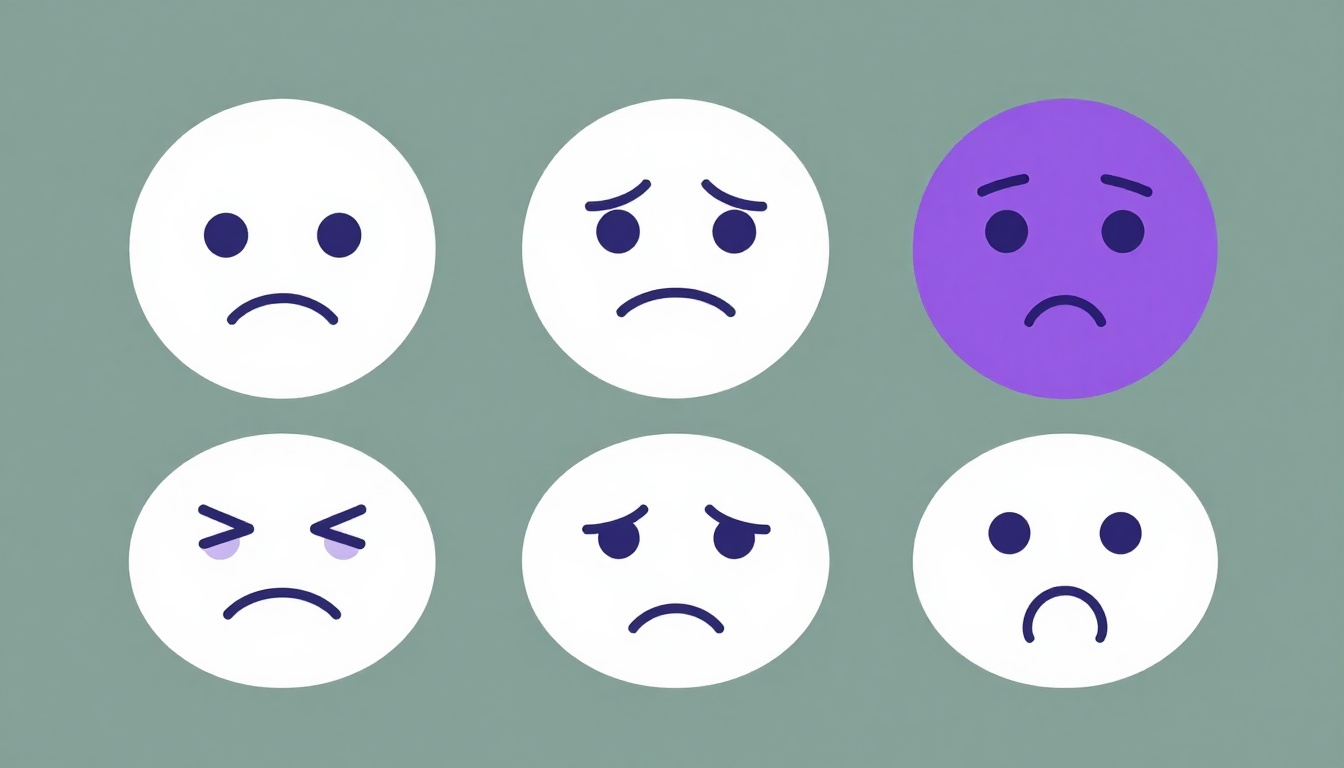 Rostro mostrando distintas expresiones faciales en inglés: preocupado, relajado y sorprendido