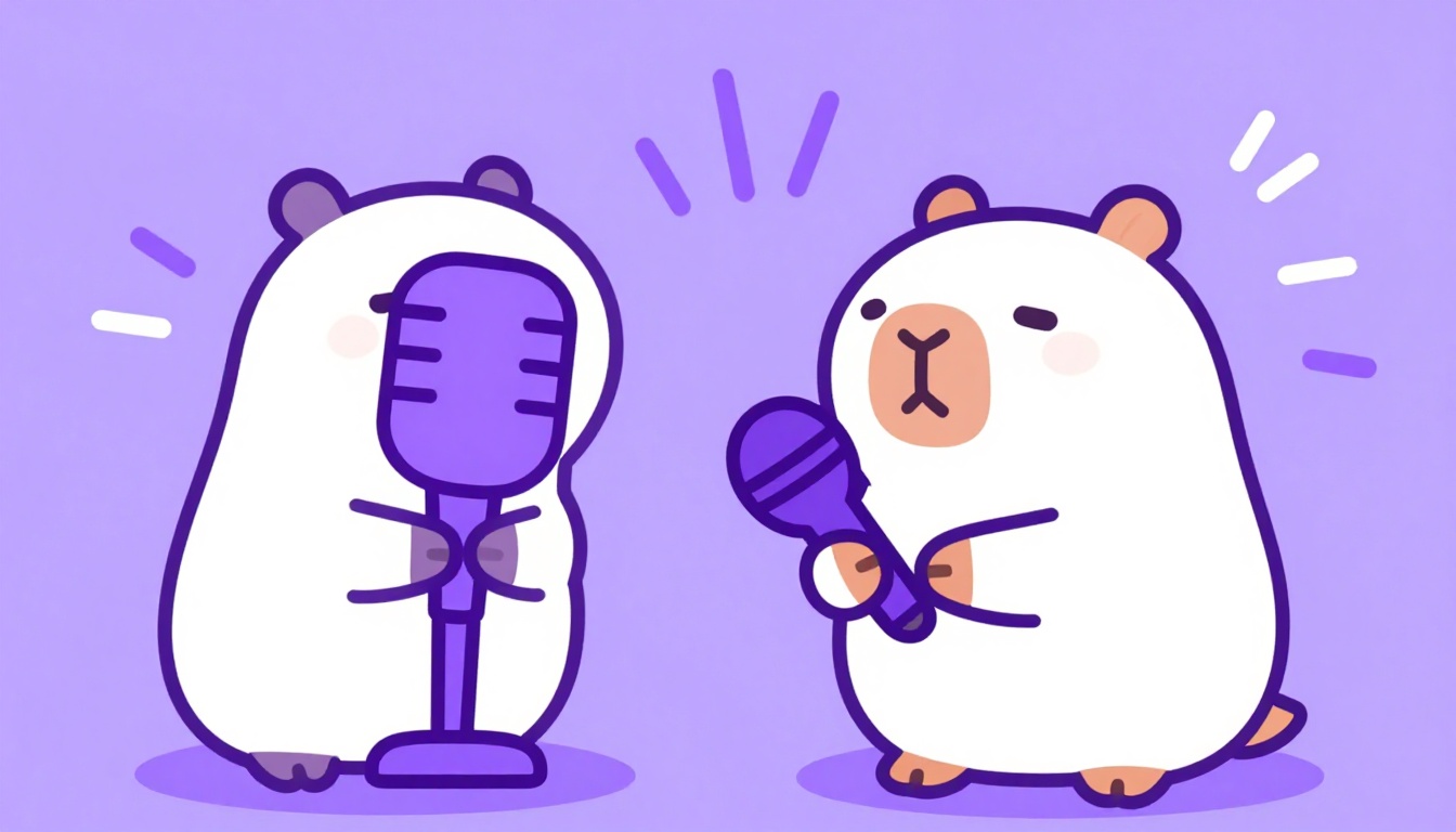 Capybara de la app Comigo sonriendo junto a íconos de un micrófono, representando la práctica de vocabulario en voz alta
