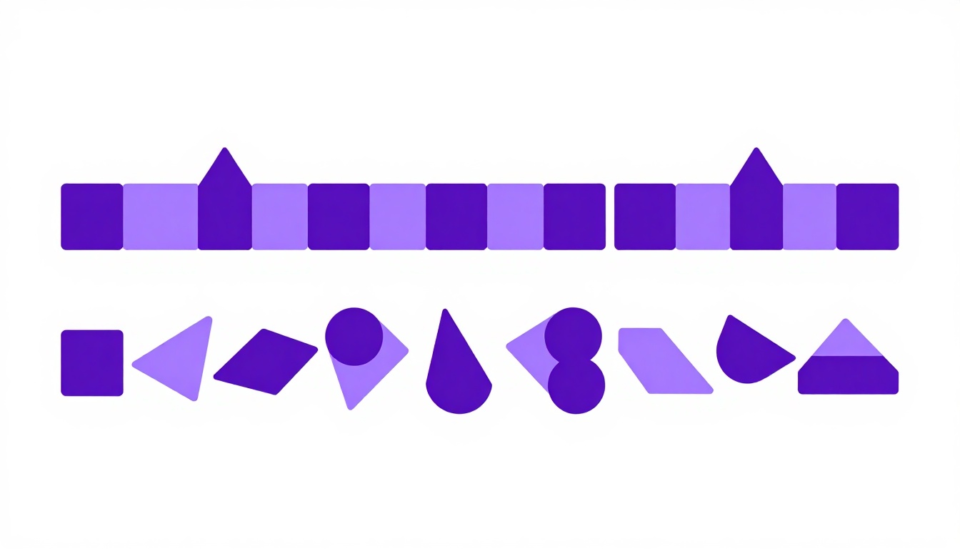 Un puente abstracto morado con bloques ordenados en fila a un lado y bloques dispersos al otro, imagen del orden de palabras en inglés y en español
