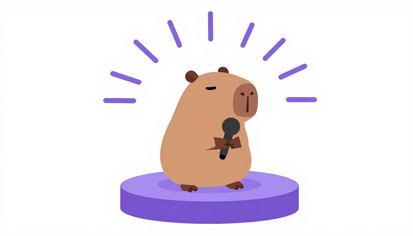 Un capibara con un micrófono y ondas de sonido moradas a su alrededor, sobre una pequeña tarima, imagen de practicar en voz alta las partes de una oración en inglés