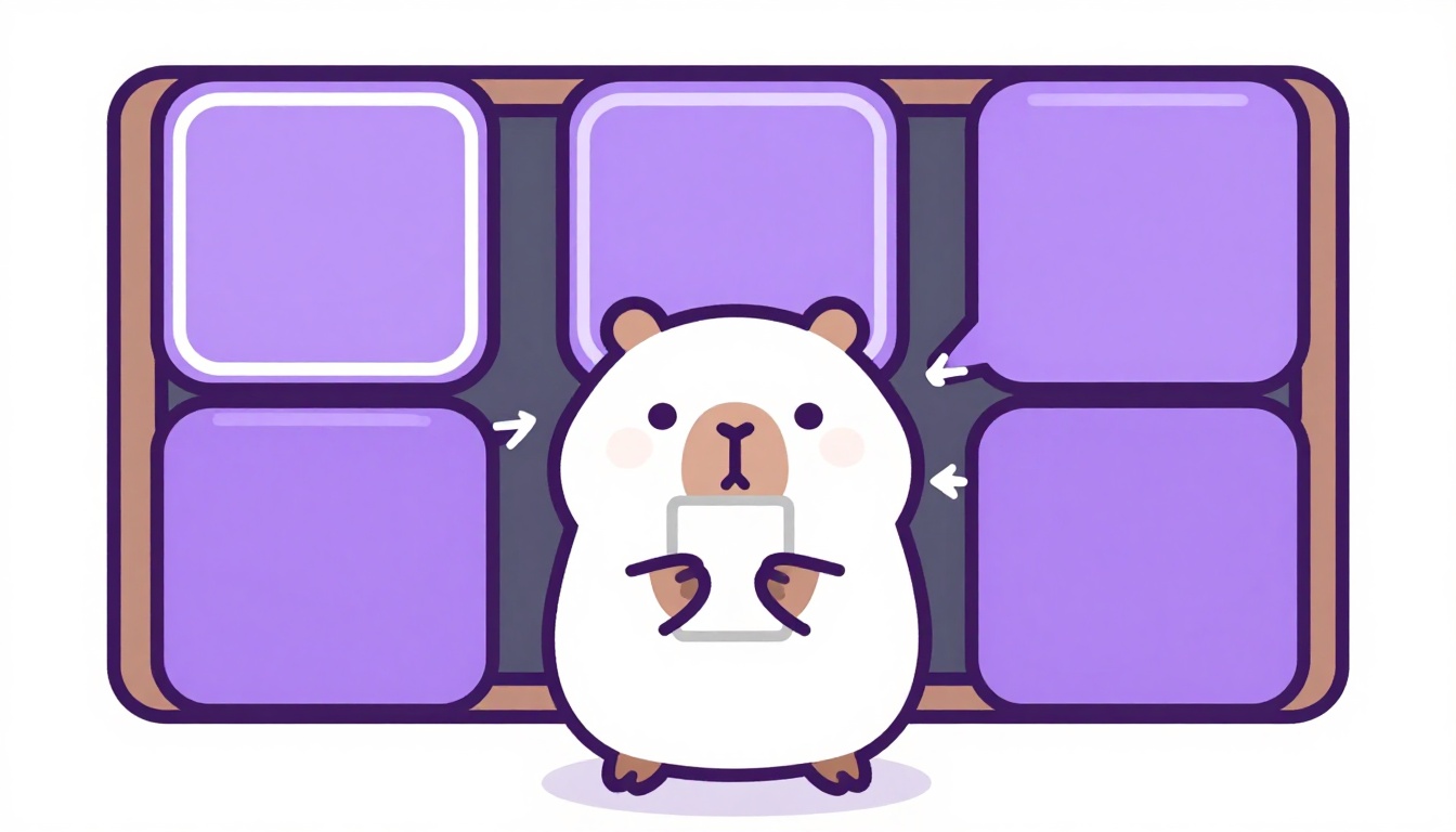 Capy, a capivara mascote do Comigo, segurando um cartão de flashcard em frente a um quadro com setas ligando infinitivo, passado e particípio