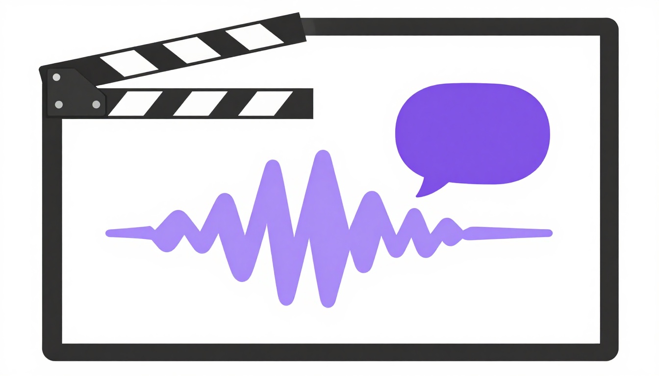 Claqueta de cine con ondas de sonido y un globo de diálogo, aprender inglés viendo películas