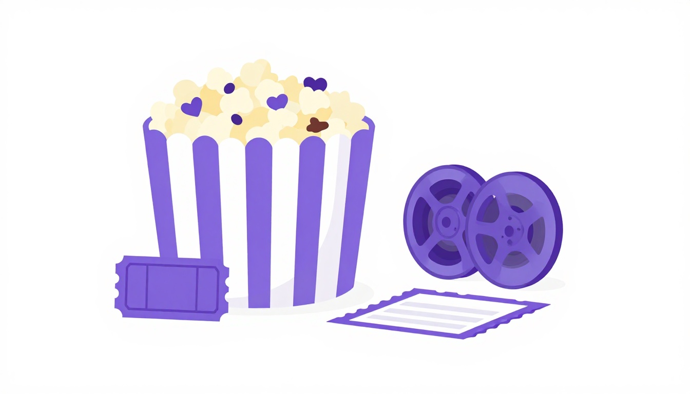Cubo de palomitas, rollo de película y entrada de cine sobre fondo blanco