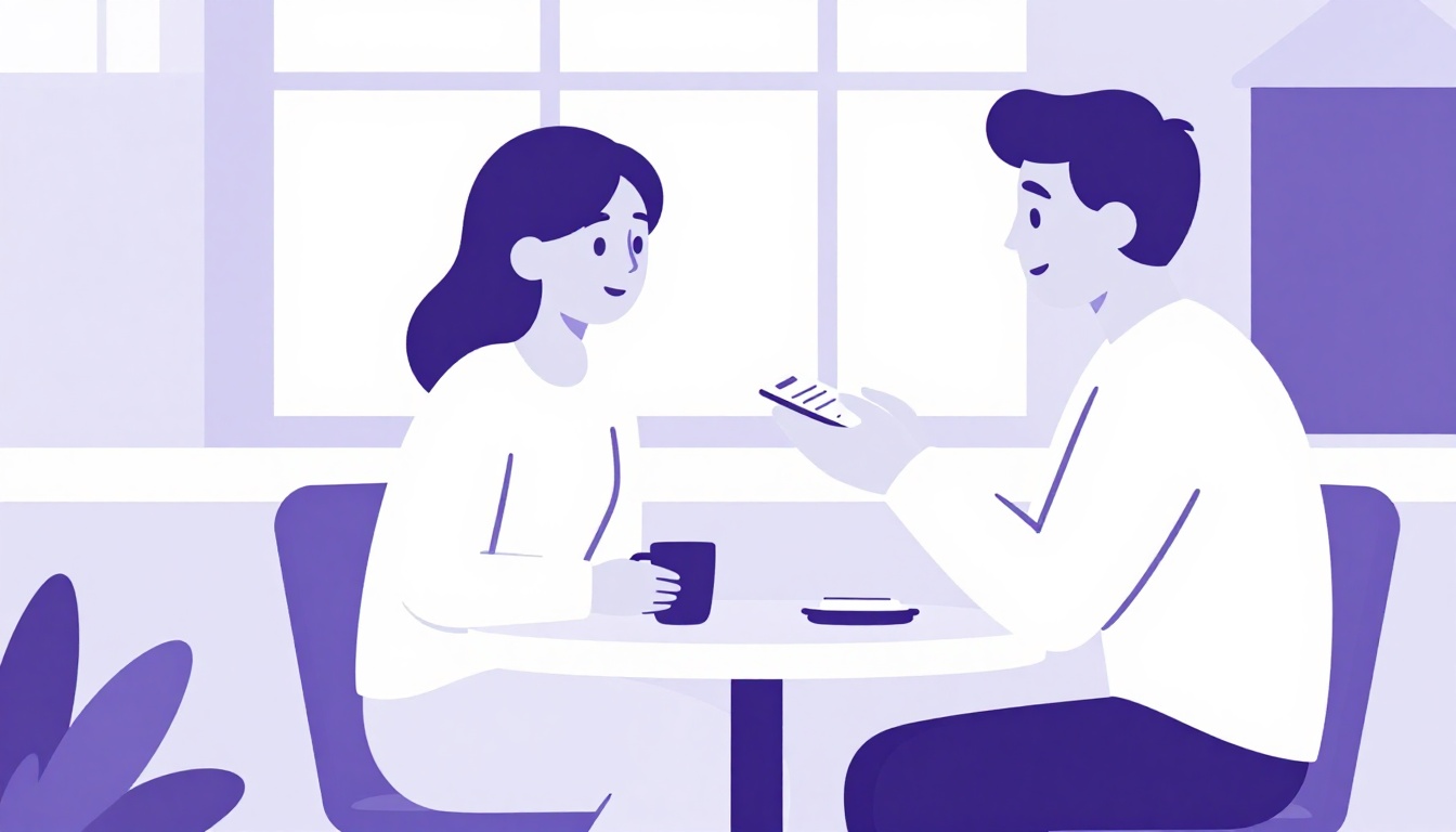 a tourist politely asking a cafe waiter for the bill in a European city