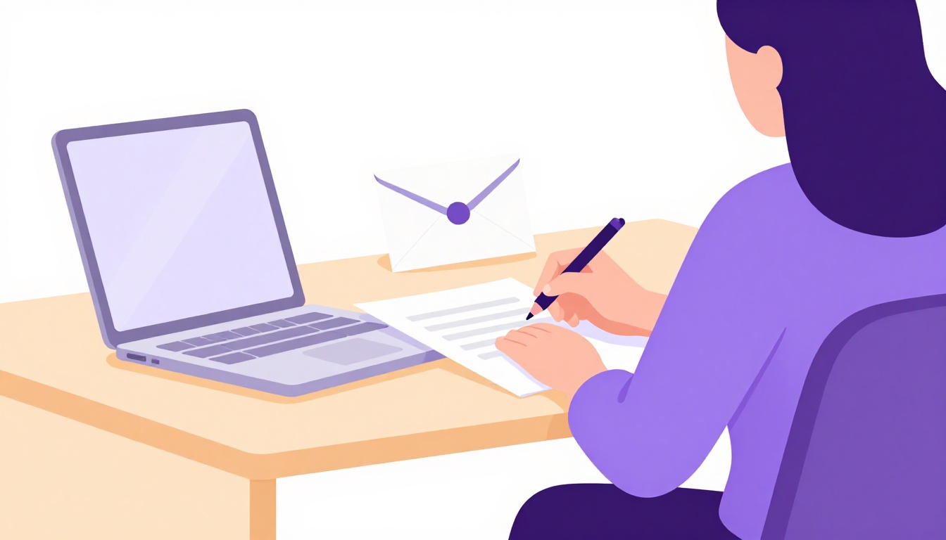 a person writing a formal letter at a desk with a laptop nearby