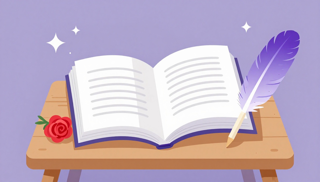Libro de poemas abierto con una rosa y una pluma para escribir, ideal para leer poemas en inglés cortos