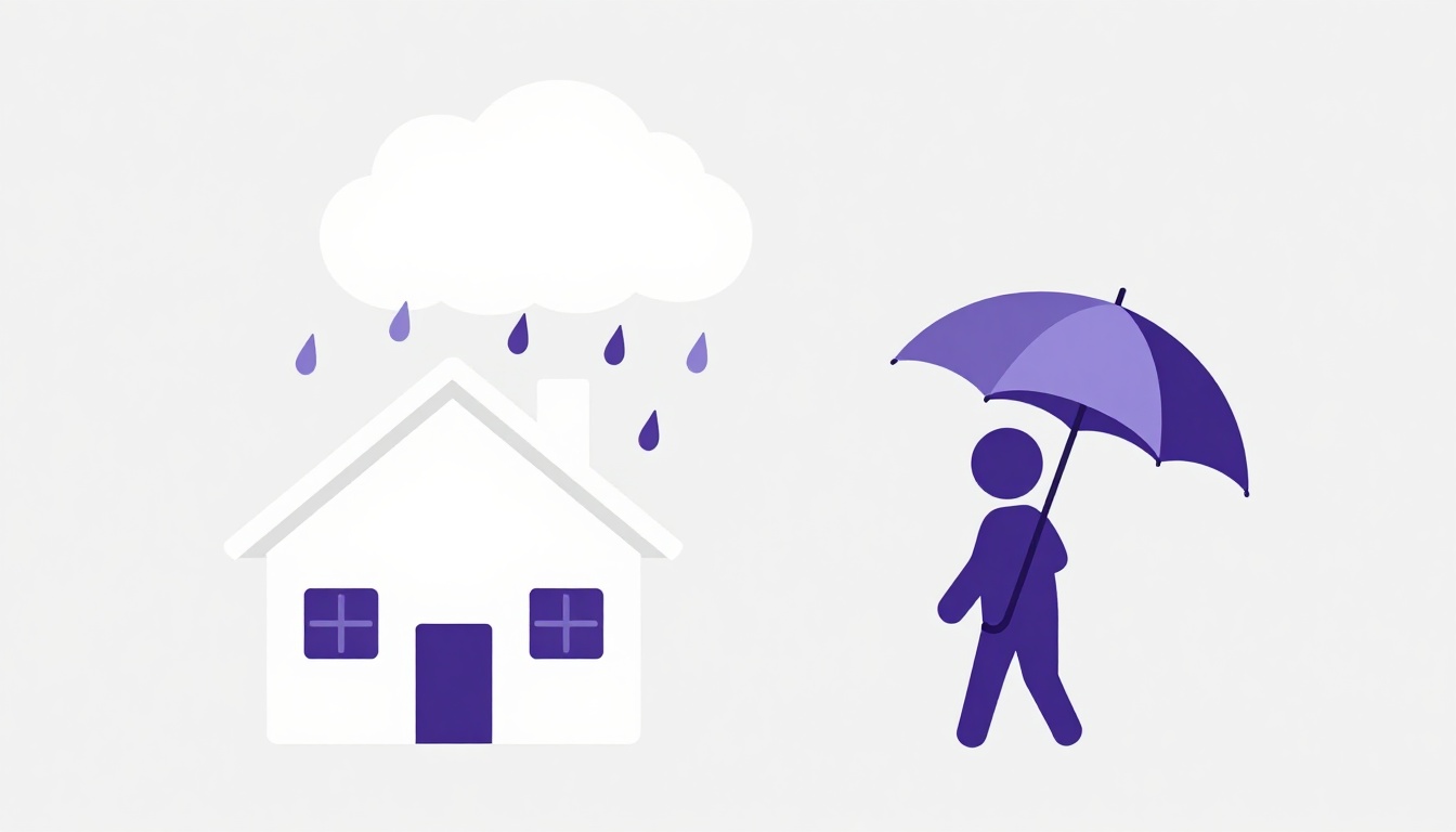 Una nube de lluvia, una casa y una persona con paraguas, como ejemplo de causa y efecto con because y because of en inglés