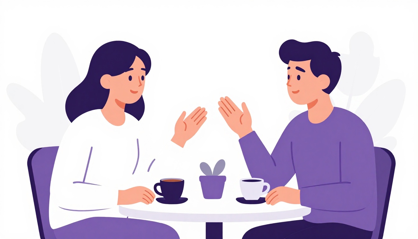 Dos amigos sentados en la mesa de una cafetería, hablando y proponiendo un plan, como ejemplo de why don't we en inglés